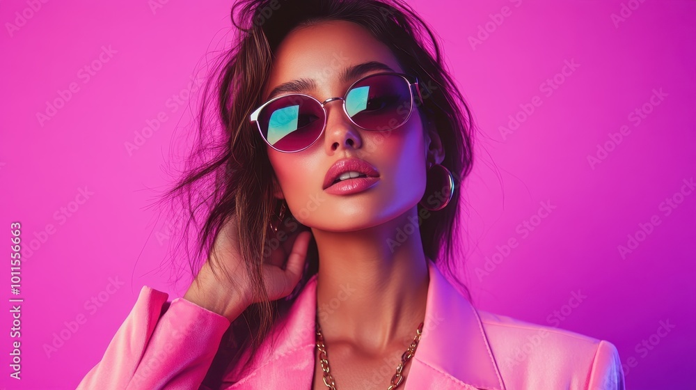 A confident woman poses in bright pink attire and sunglasses, set against a vivid neon pink background, reflecting vibrant modern fashion and style energy. A confident woman poses in bright pink attire and sunglasses, set against a vivid neon pink background, reflecting vibrant modern fashion and style energy.