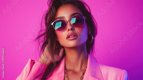 A confident woman poses in bright pink attire and sunglasses, set against a vivid neon pink background, reflecting vibrant modern fashion and style energy.