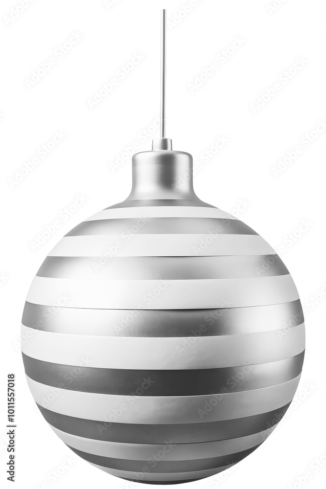 Silver metallic Christmas, New Year Holiday bauble with horizontal striped design and string isolated on transparent background.