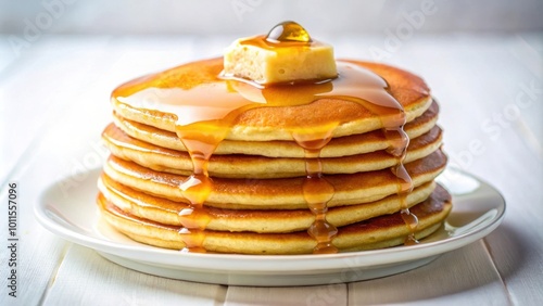 A stack of golden brown pancakes drizzled with sweet syrup and a pat of butter, a delightful breakfast treat