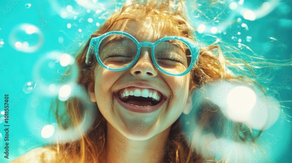 A smiling girl wearing blue goggles and immersed underwater, surrounded by bubbles, depicts exploration, wonder, and adventure in the refreshing aquatic world. A smiling girl wearing blue goggles and immersed underwater, surrounded by bubbles, depicts exploration, wonder, and adventure in the refreshing aquatic world.