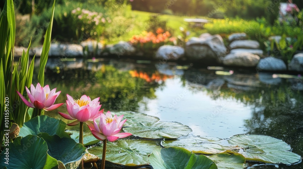 Serene Lotus Garden, vibrant lotus blossoms floating on a still pond, embodying tranquility, spiritual growth, and harmony with nature Serene Lotus Garden, vibrant lotus blossoms floating on a still pond, embodying tranquility, spiritual growth, and harmony with nature
