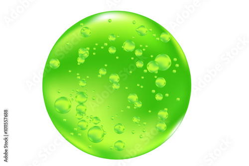 Fluid 3D lime green glowing bubble swatch with flowing molecules, microscope close up, fluid eco serum or natural gel droplet isolated on transparent background. Beauty cosmetology, beauty science