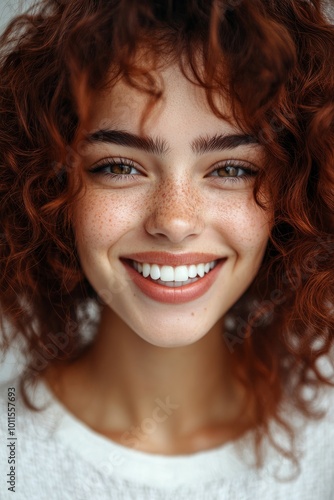 Close-up Portrait of a Smiling Woman with Red Curly Hair and Freckles