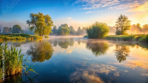 Tranquil morning mist rises above a serene lake, casting an ethereal glow on the water's surface, while trees stand tall, reflecting in the stillness