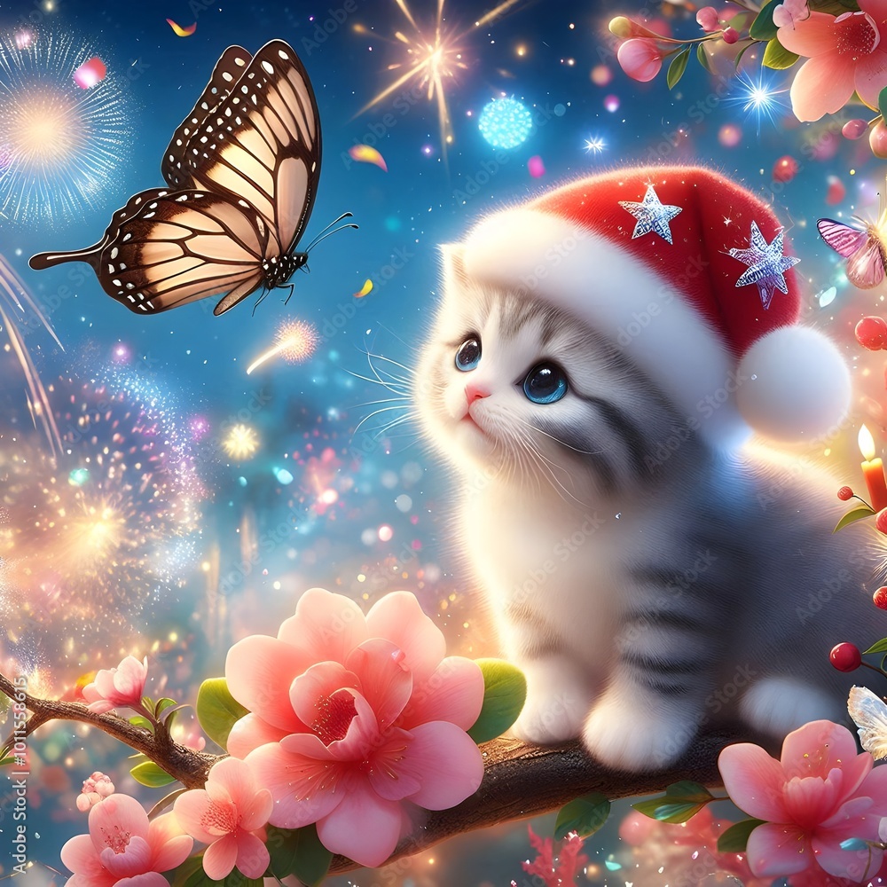 Naklejka premium Cute Kitten in a Santa Hat with a Butterfly for a Magical Christmas