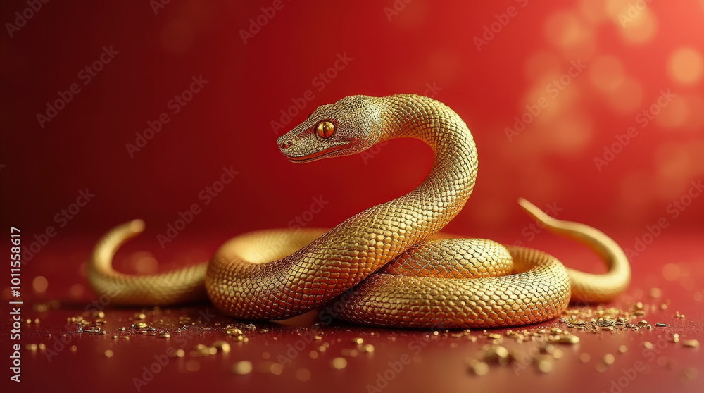 Fototapeta premium Golden Chinese Zodiac Snake on Red Background for 2025 New Year - Luxury Symbol of Prosperity and Wealth