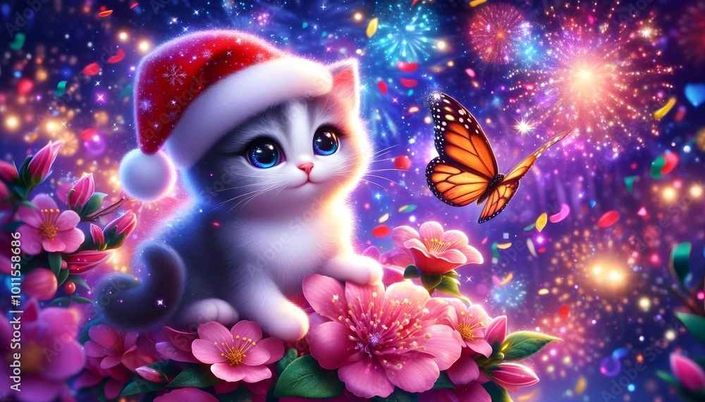 Cute Kitten in a Santa Hat with a Butterfly for a Merry Christmas Cute Kitten in a Santa Hat with a Butterfly for a Merry Christmas