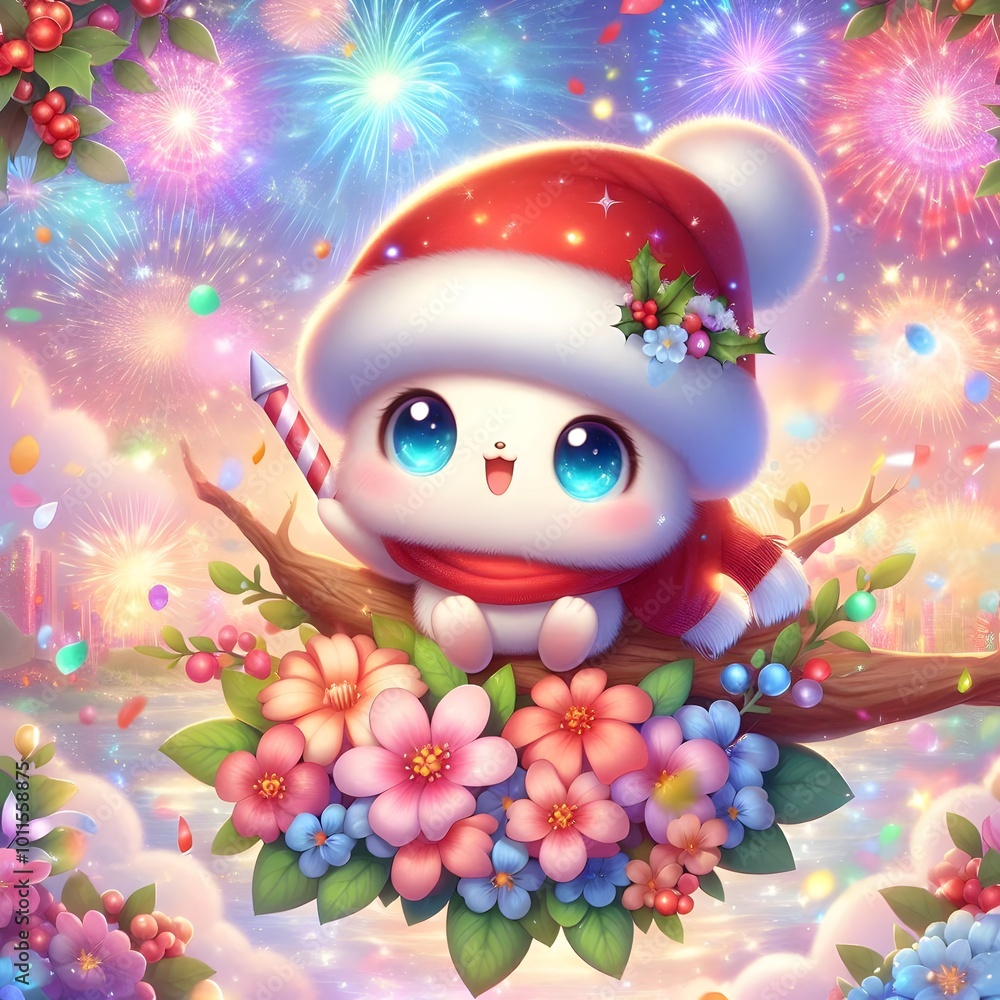Cute White Character in a Santa Hat with Festive Eyes for a Magical Christmas Cute White Character in a Santa Hat with Festive Eyes for a Magical Christmas