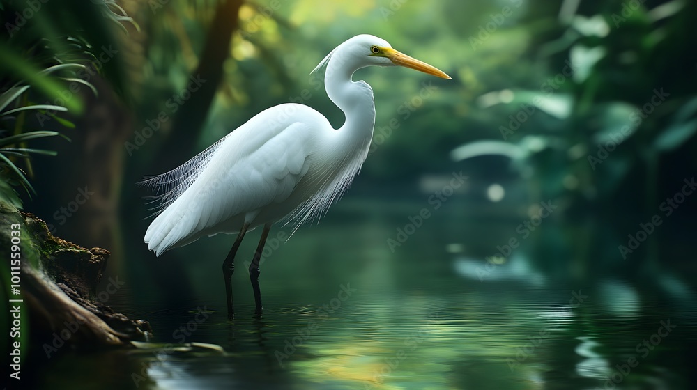 Naklejka premium Great Egret Bird in Nature, Photo Realistic, Pattern Background, Wallpaper, Cover and Screen for Smartphone, PC, Laptop, 9:16 and 16:9 Format