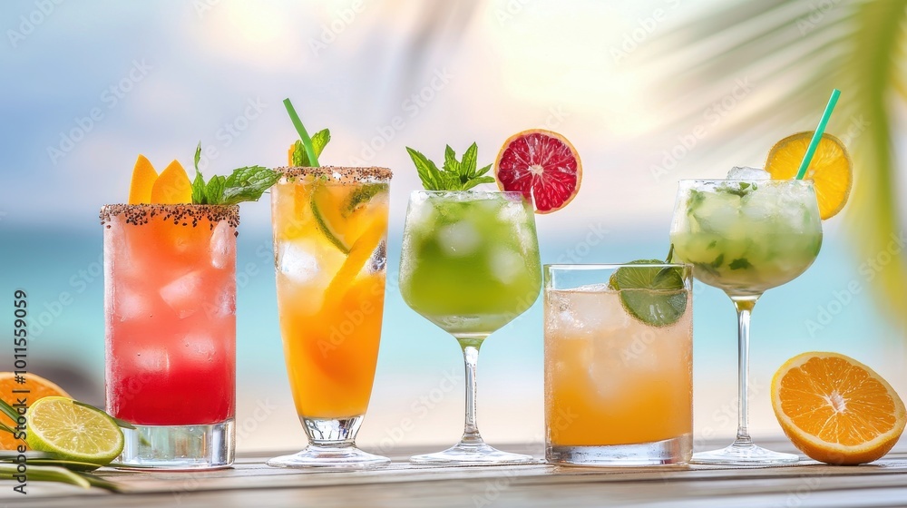 A vibrant array of tropical summer cocktails with citrus garnishes, set on a beachside bar with ocean views. A vibrant array of tropical summer cocktails with citrus garnishes, set on a beachside bar with ocean views.