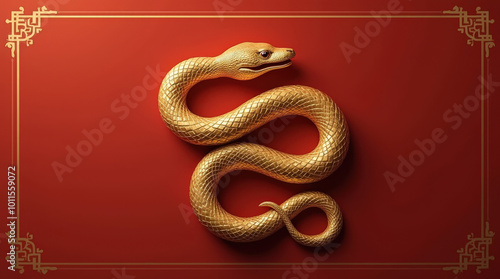 Golden Chinese Zodiac Snake on Red Background for 2025 New Year - Luxury Symbol of Prosperity and Wealth