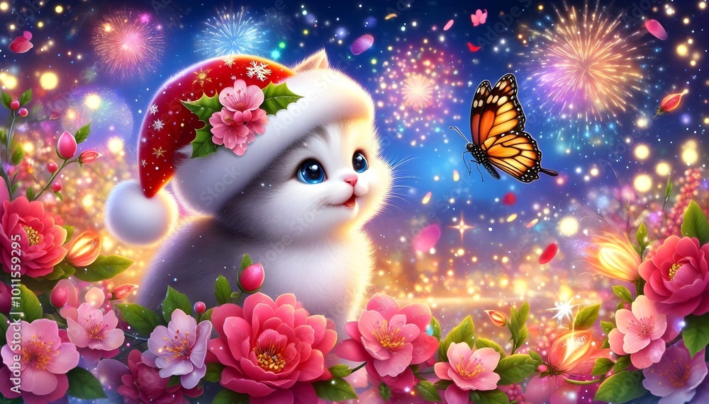 Obraz premium Cute Kitten in a Santa Hat with a Butterfly for a Magical Christmas