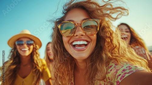 A group of cheerful friends with sunglasses at the beach capturing a lively moment filled with joy and laughter under the golden summer sun and blue sky.