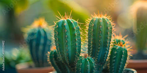 A closeup of a tall cactus with sharp spines bathed in warm sunlight with blurry background