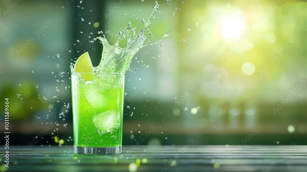 A vibrant splash of bright green soda as it pours into a tall glass, with ice and bubbles swirling. A vibrant splash of bright green soda as it pours into a tall glass, with ice and bubbles swirling.