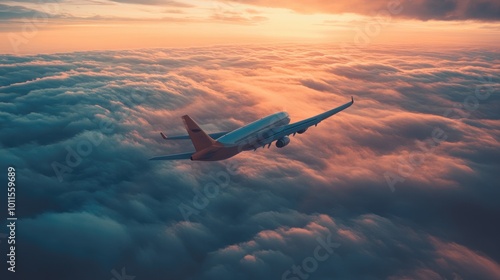 Commercial airplane flying above clouds in sunset light. Fast Travel and transportation concept, Passenger airplane Travel.