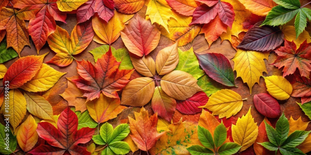 Fototapeta premium A symphony of autumn colors, leaves in shades of red, orange, yellow, and green, showcasing the beauty of nature's transformation.