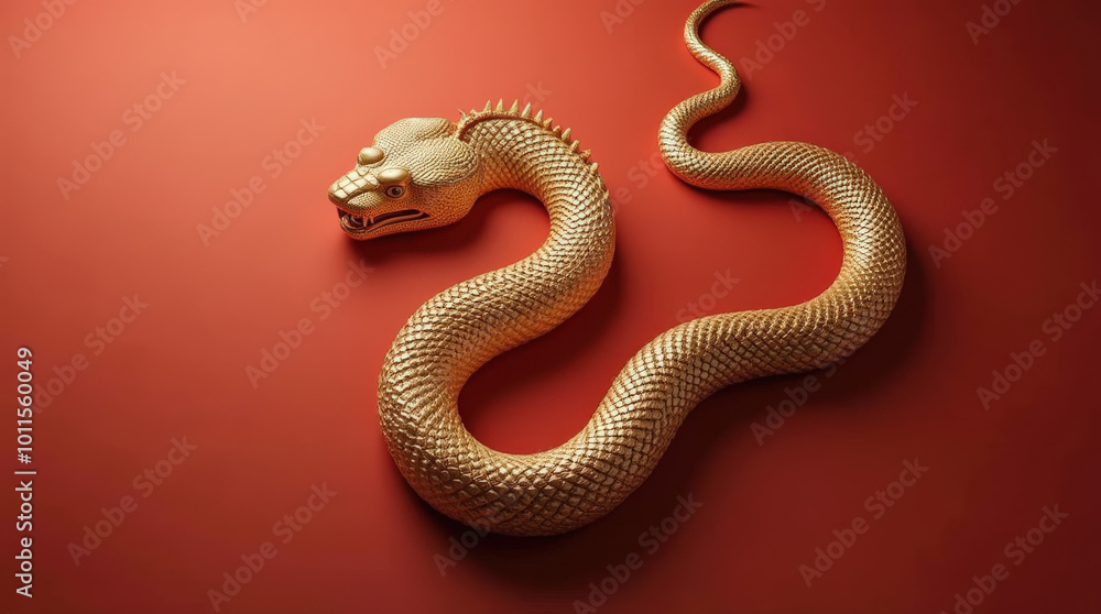 Obraz premium Golden Chinese Zodiac Snake on Red Background for 2025 New Year - Luxury Symbol of Prosperity and Wealth