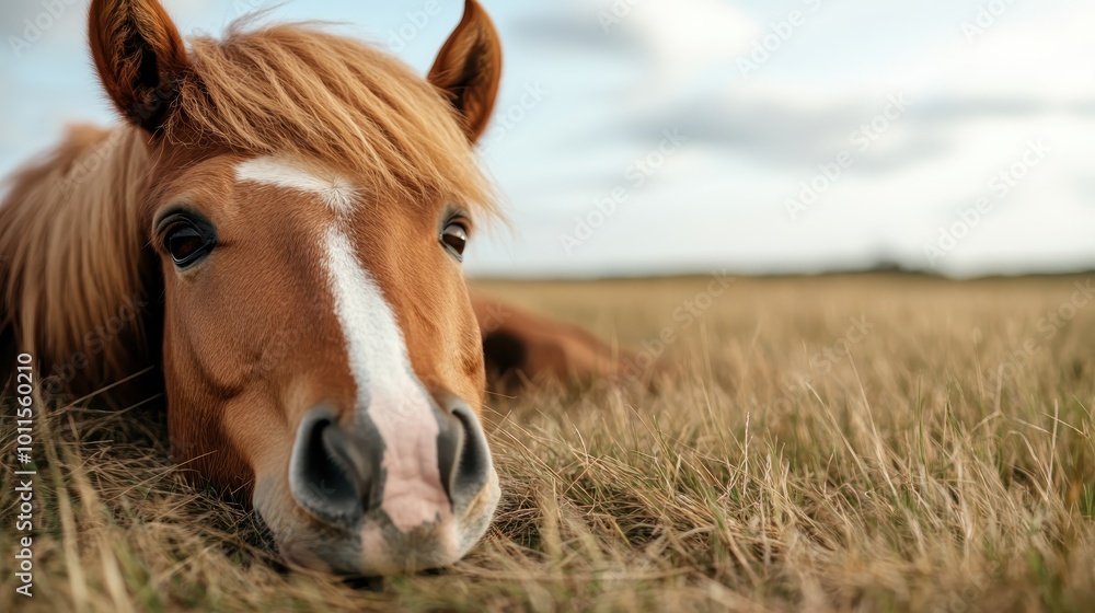 Naklejka premium The peaceful horse relaxes on a sunlit meadow, surrounded by nature's serenity, representing a moment of calm reflection and embracing life's simple pleasures.