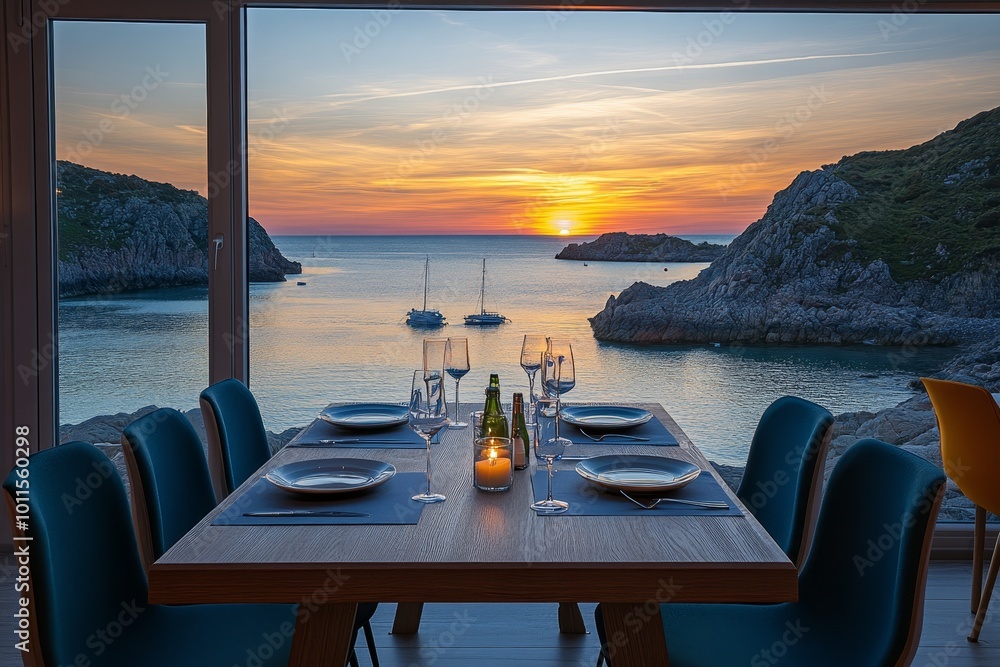 Fototapeta premium Dining Room with Ocean View at Sunset, Romantic Dinner Setting with a Stunning Scenery