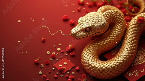 Golden Chinese Zodiac Snake on Red Background for 2025 New Year - Luxury Symbol of Prosperity and Wealth