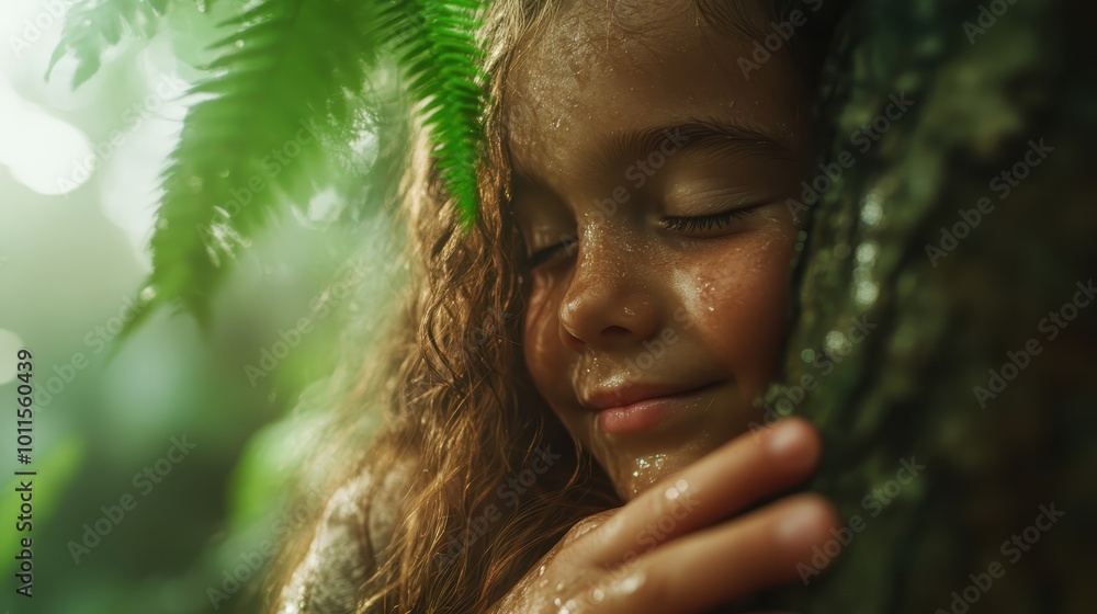 A young girl with curly hair gently hugs a tree, her eyes closed in a peaceful, contented expression, surrounded by lush greenery and sunlight filtering through leaves. A young girl with curly hair gently hugs a tree, her eyes closed in a peaceful, contented expression, surrounded by lush greenery and sunlight filtering through leaves.