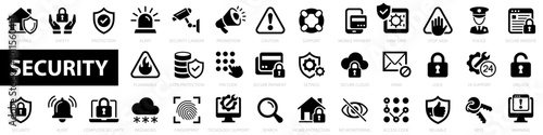 Security icon set. Protection symbol set. Cybersecurity, secured payment, encryption, safety, insurance, data protection, detector, sensor, locked, password and more. Vector illustration