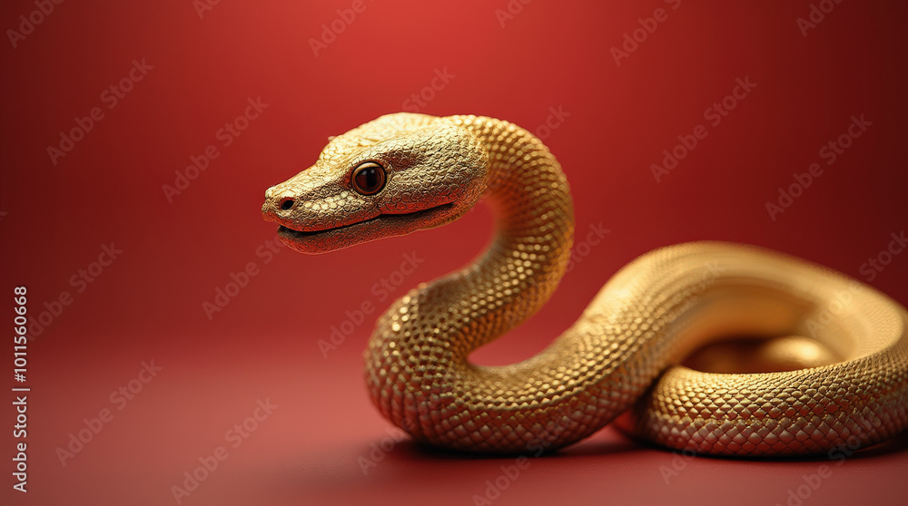 Fototapeta premium Golden Chinese Zodiac Snake on Red Background for 2025 New Year - Luxury Symbol of Prosperity and Wealth