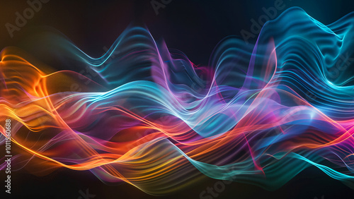 Colorful transparent flowing wave and curve lines in neon pink blue and orange colors against a dark background