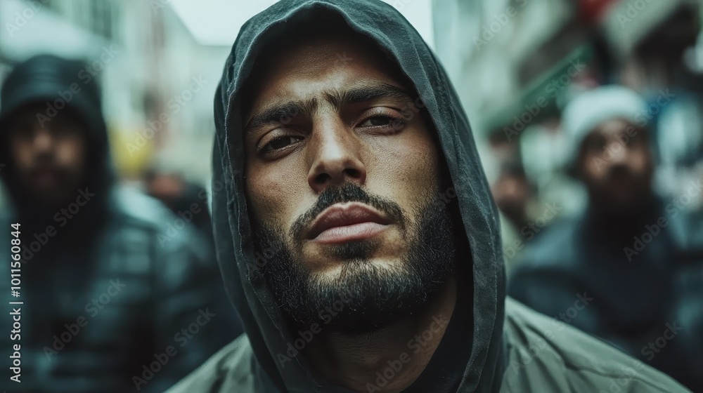 Close-up of a man with a hood, beard, and intense expression in a crowded urban setting, symbolizing contemplation, determination, and strength. Close-up of a man with a hood, beard, and intense expression in a crowded urban setting, symbolizing contemplation, determination, and strength.