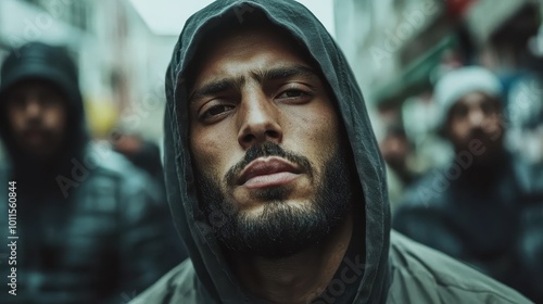 Close-up of a man with a hood, beard, and intense expression in a crowded urban setting, symbolizing contemplation, determination, and strength.