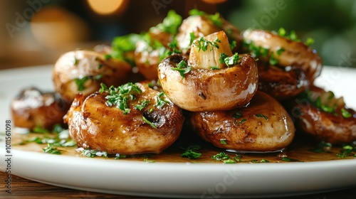 A plate of sautéed mushrooms glistens with flavor, garnished with fresh herbs, capturing a savory and aromatic culinary delight, ready to be savored. photo