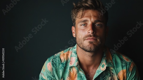 A man in a patterned shirt gazes thoughtfully into the distance, conveying a sense of introspection and artistic flair against a muted background.