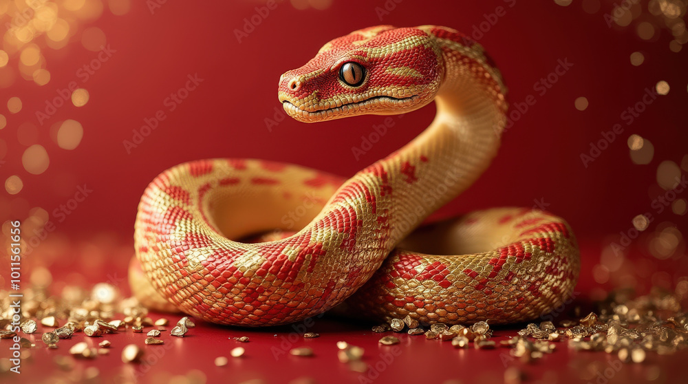 Golden Chinese Zodiac Snake on Red Background for 2025 New Year - Luxury Symbol of Prosperity and Wealth Golden Chinese Zodiac Snake on Red Background for 2025 New Year - Luxury Symbol of Prosperity and Wealth