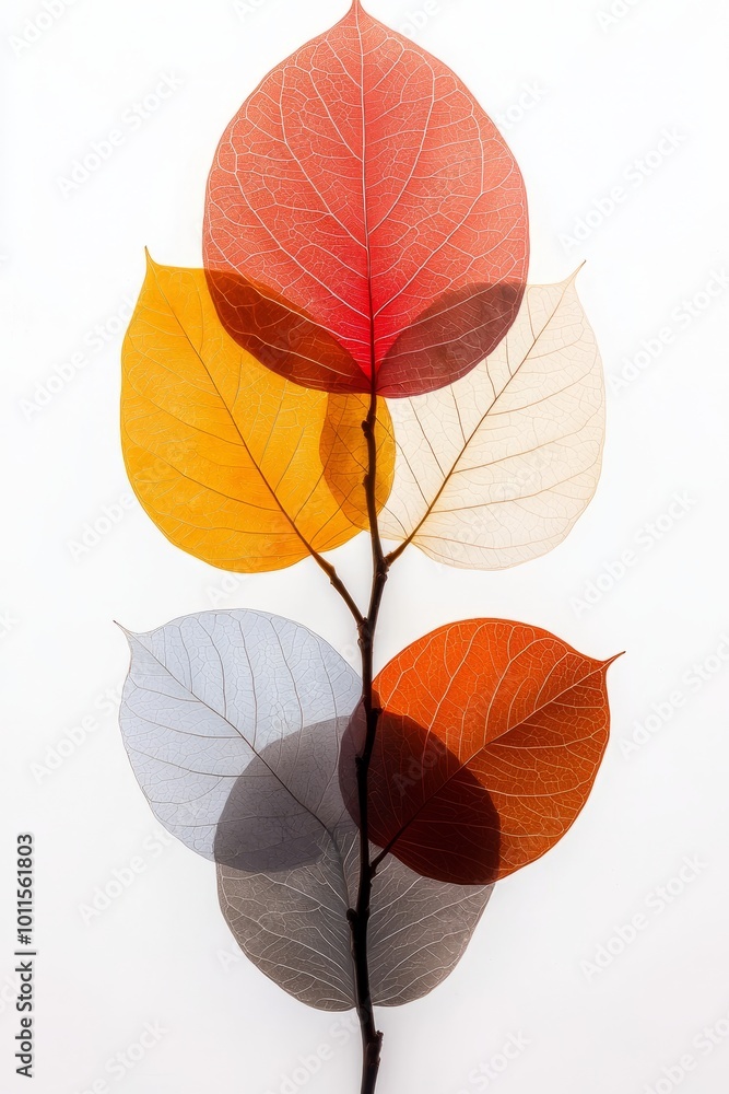 A branch with four translucent leaves in vivid colors, including orange, blue, yellow, and white, arranged on a white backdrop. A branch with four translucent leaves in vivid colors, including orange, blue, yellow, and white, arranged on a white backdrop.