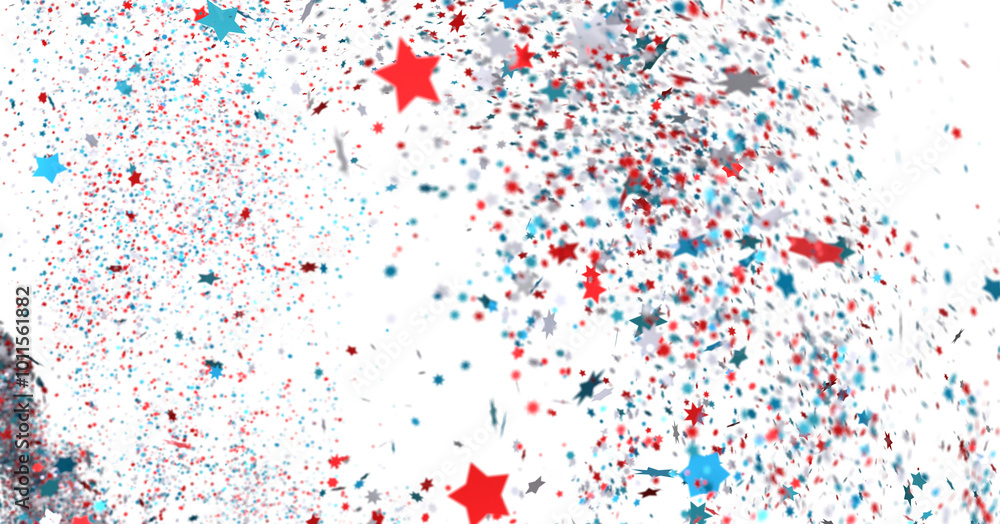 Festive background with confetti in the shape of stars in the color of the American flag. US independence day. Festive background with confetti in the shape of stars in the color of the American flag. US independence day.