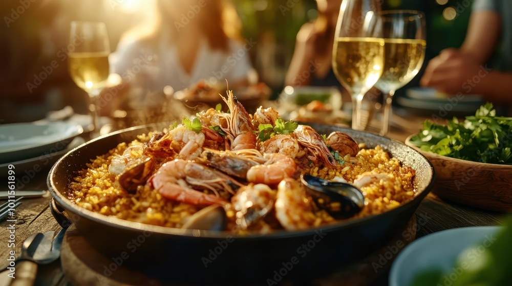 The vibrant seafood paella is served under golden sunlight, displaying an array of seafood delights, symbolizing communal dining and the art of outdoor feasting. The vibrant seafood paella is served under golden sunlight, displaying an array of seafood delights, symbolizing communal dining and the art of outdoor feasting.