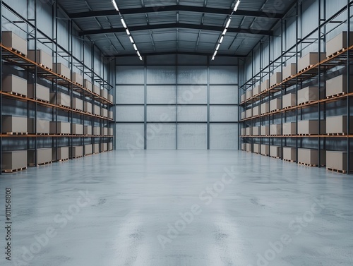 Warehouse interior with large metal shelves, crates, and open loading docks for heavy equipment, Warehouse, Heavy-Duty Storage