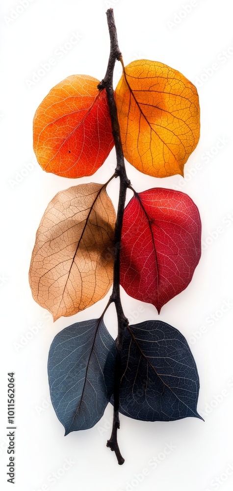 Fototapeta premium A branch with four translucent leaves in vivid colors, including orange, blue, yellow, and white, arranged on a white backdrop.