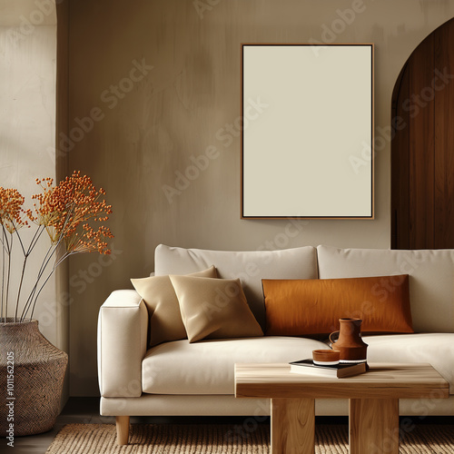 Mockup of a 3x4 brown vertical wooden frame in a modern living room interior with a white sofa and modern decor. Artwork, poster, art print, wall art mockup. Cozy home interior.