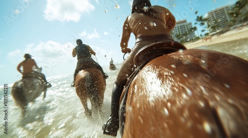 Riders enjoy the thrill of horse riding on a beach, the sunlit scene captures the playful splashes of water creating a sense of freedom and unbridled joy. photo