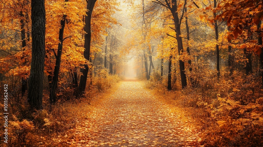Serene autumn forest path, golden leaves carpet, cycle of life, change, Feng Shui harmony, autumn fortune ambiance Serene autumn forest path, golden leaves carpet, cycle of life, change, Feng Shui harmony, autumn fortune ambiance