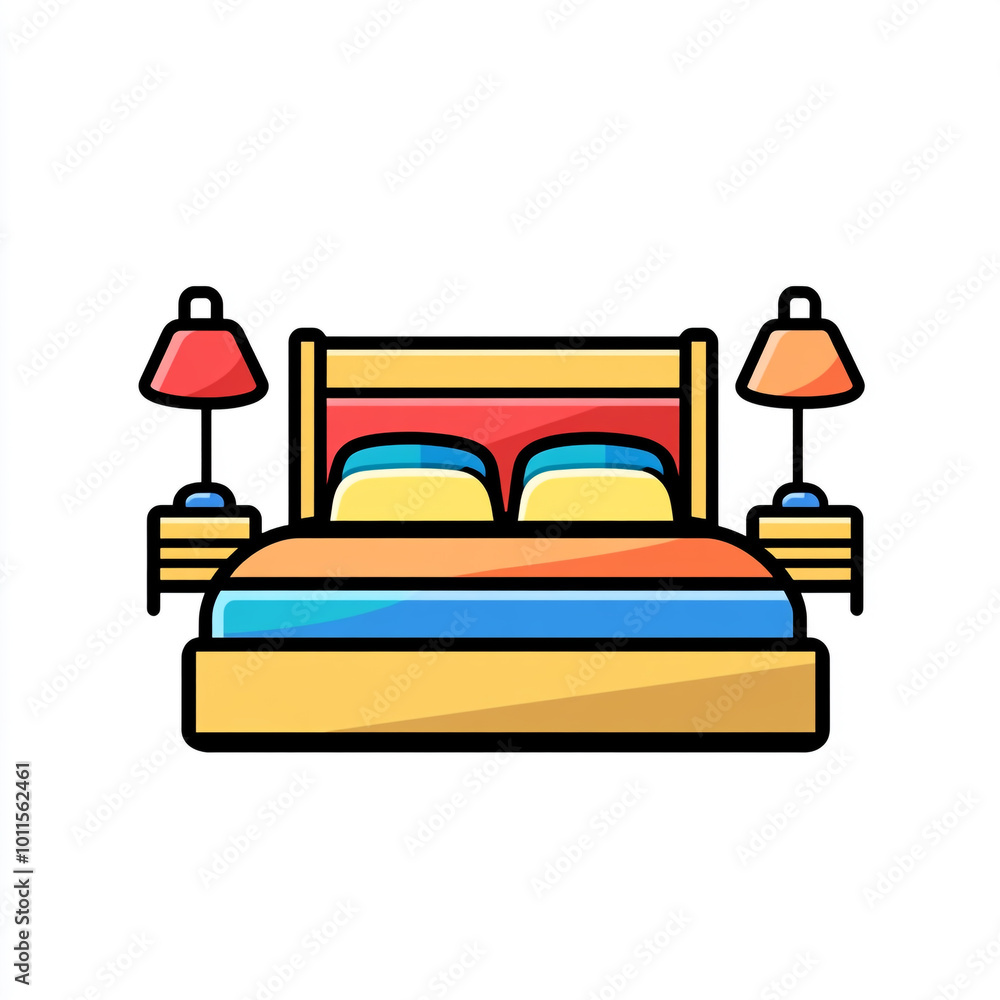 A simple vector icon of an interior bedroom with bed, night stand and wall paintings. A simple vector icon of an interior bedroom with bed, night stand and wall paintings.