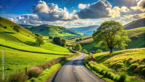 Serene winding road through lush green rolling hills under a bright blue sky with puffy white clouds