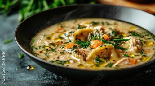 A hearty bowl of chicken soup features colorful vegetables and ravioli, showcasing a comforting, flavorful meal ideal for warmth and pleasure on any day.