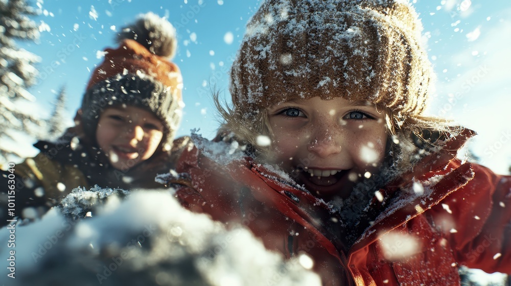 Delightful image of kids throwing snow in the air, their expressions filled with joy and warmth despite the chilly winter setting and falling snowflakes. Delightful image of kids throwing snow in the air, their expressions filled with joy and warmth despite the chilly winter setting and falling snowflakes.