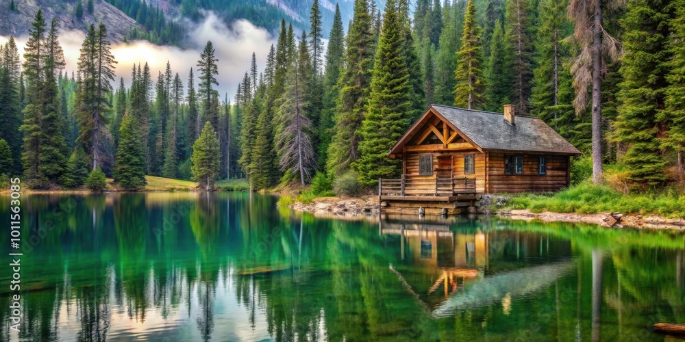 A serene wooden cabin nestled amidst a lush forest, its reflection shimmering on the tranquil waters of a secluded lake. A serene wooden cabin nestled amidst a lush forest, its reflection shimmering on the tranquil waters of a secluded lake.