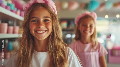 Wallpaper Mural A girl with playful long hair and headband smiles widely in a modern, upbeat store full of bright decor, projecting happiness and carefree youthful spirit. Torontodigital.ca