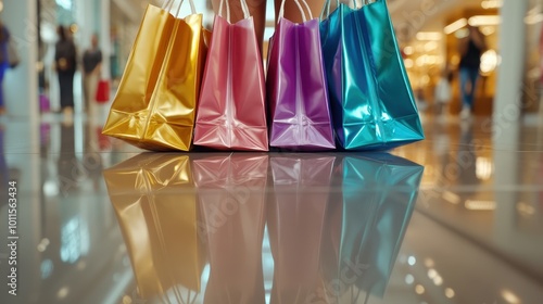 A row of vibrant shopping bags in yellow, pink, blue, and purple lined up on a glossy floor in a shopping mall, evoking feelings of joy and consumerism. photo